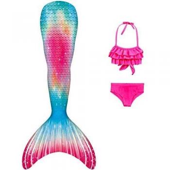 DNFUN 3pcs Traje de Baño de Cuello Hálter con Cola de Sirena Bikini Set para Niña