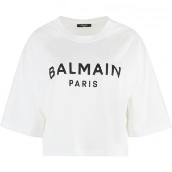 Balmain Women's Cropped Cotton Logo T-Shirt in White | Size Small