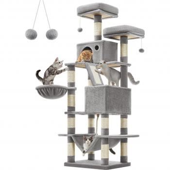 Rascador de gatos multinivel de 206 cm, torre con 13 postes, 2 plataformas, cuevas, cesta, hamaca y pompón, árbol para gatos grandes, disponible en blanco, gris claro y rosa