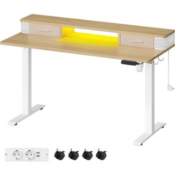 Escritorio Eléctrico Regulable 60x140cm, Altura Ajustable Sin Escalonamiento, Soporte para Monitor, Gancho, Función Memoria, Marrón Rústico/Blanco Nube/Roble Natural
