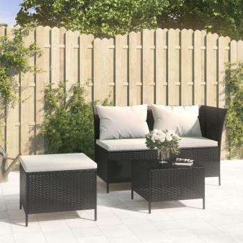 3 Piece Black Poly Rattan Garden Lounge Set with Cushions