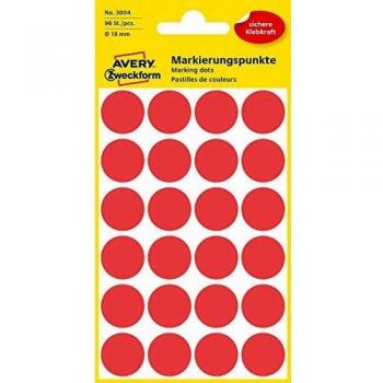 Etiquetas Autoadhesivas Avery Zweckform 3004 - Puntos de Marcación Rojos, Ø 18 mm, 96 Unidades (4 Hojas)