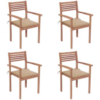 Teak Wood Garden Chairs Set of 4 with Beige Cushions