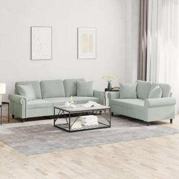 Juego de 2 sofás en terciopelo gris claro con almohadas