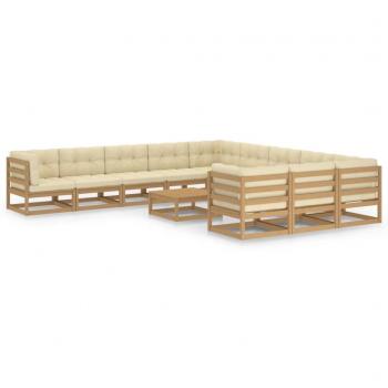 Set de muebles de jardín 12 piezas con cojines en madera de pino color marrón miel