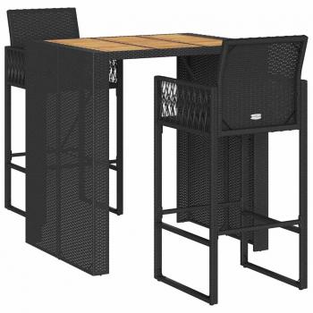 3 Piece Black Poly Rattan Acacia Garden Bar Set without Cushions