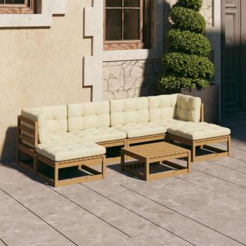 Set de muebles de jardín 7 piezas con cojines en color marrón miel, fabricado en madera de pino