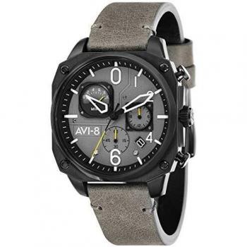 AVI-8 Men's Hawker Hunter Retrograde Chronograph Sea Gray with Grey Genuine Leather Strap Watch 45mm - AV-4052-03