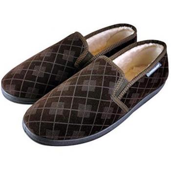 Dunlop Men's Brown Plaid Checked Moccasin Slippers with Plush Fur Lining and Memory Foam, Hard Sole - Size 11 UK