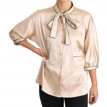 Dolce & Gabbana Beige Ribbon Silk Stretch Top Blouse - IT48|XXL, Pre-owned, Female, Size: XL