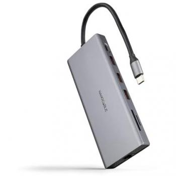 Hub USB-C Nanocable 12 en 1, Aluminio Gris, 3xUSB-A 3.2, 2xHDMI 4K@60Hz, DP, RJ45, Lector SD/TF, Audio