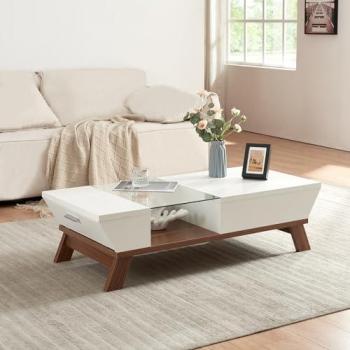 Mesa de Centro Ljusdal con Compartimentos Aglomerado y Cristal 120x55x33 cm - Blanco/Nogal