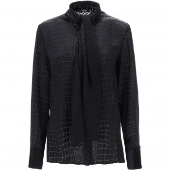 Versace Crocodile Effect Silk Blend Tie-Neck Shirt - Size 42 - Black - Female