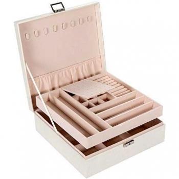 Allinside Caja Joyero Caja de Joyas Grande para Mujeres niñas, 2 Niveles Organizador de Joyería con Cerradura, Almacenamiento y Expositor, Cuero PU, Forro de Terciopelo, Blanca