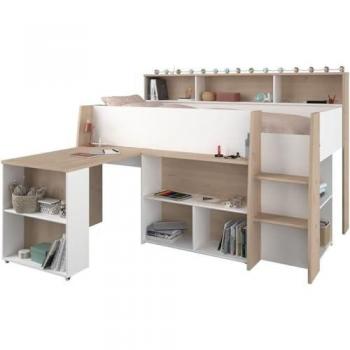 Cama combinada 90 x 200 cm con escritorio y almacenamiento - Blanco y natural - APOLINO