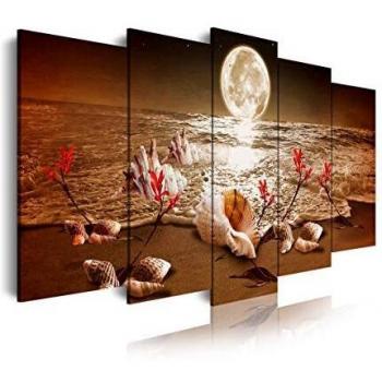 DekoArte 440 - Cuadros Modernos Impresión de Imagen Artística Digitalizada | Lienzo Decorativo Para Salón o Dormitorio | Estilo Piasaje noche Luna Iluminando Playa Flores Rojas | 5 Piezas 200x100cmXXL