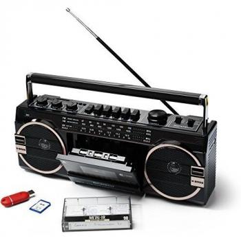 Ricatech PR 1980 reproductor de potencia, radiocasetera, casete, reproductor de cintas, radio AM, FM, SO 3 bandas sonoras, admite tarjetas USB y SD