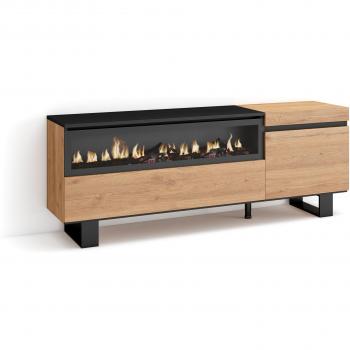 Mueble TV Industrial con Chimenea Eléctrica, 150x57x35cm, para Televisores hasta 65, Diseño en Roble y Negro