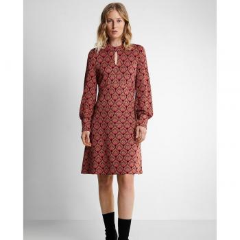 Vestido corto de manga larga estampado con detalles jacquard y cuello redondo