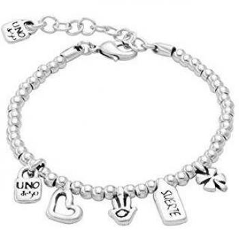 UNOde50 My Luck Silver Plated Bracelet with Heart, Clover, and Hand Charms