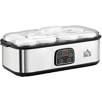 HOMCOM Yogurtera 30W Capacidad 1,44L con 8 Tarros de Cristal de 180 ml Termostato Ajustable Temporizador de 1-48 Horas y Apagado Automático 36x18,8x14 cm Plata