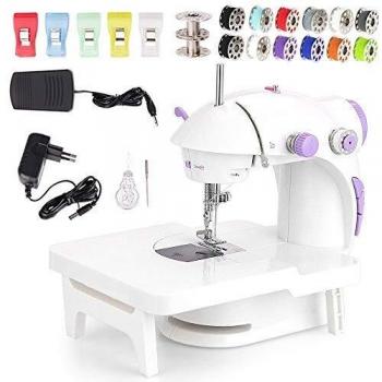 Faburo Mini Máquina de Coser Eléctrica con Lámpara, Máquina de Coser Eléctrica Doméstica con Bastidor de Expansión y Carretes y Clip de Costura Hilo