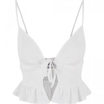 Urban Classics Women's White Waffle Pique Ruffle Top - Sizes XS to L