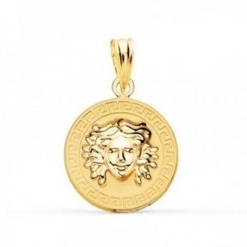 Colgante Oro 18k Gorgona 15 mm. con Cenefa Greca Matizada y Grabado Personalizado