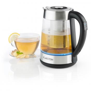 Klarstein Ostfries Hervidor de agua 2 en 1 - Tetera eléctrica, Colador de té, 1,7 litros, 2200 W, Preparación bebidas, Regulable, LED, Acero inoxidable y Cristal