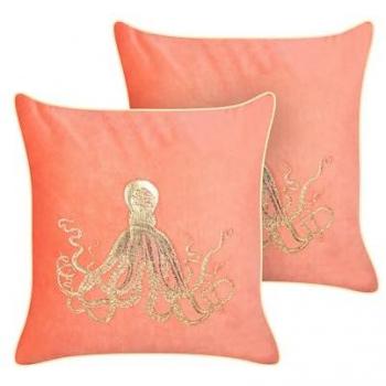 Conjunto de 2 cojines de terciopelo rojo 45 x 45 cm cuadrado con motivo de pulpo marino y relleno de poliéster