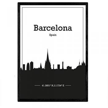 Póster A4 Mapa de Barcelona - Skyline de Ciudades Europeas con Sombra Negra, Sin Marco