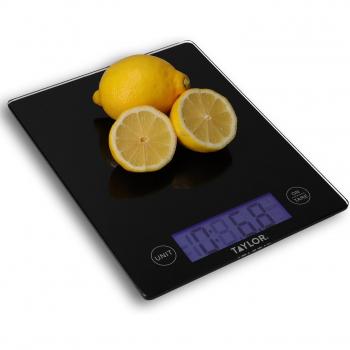 Balanza de cocina digital Taylor con plataforma de vidrio y función de peso con tara, pantalla LCD extra ancha, color negro