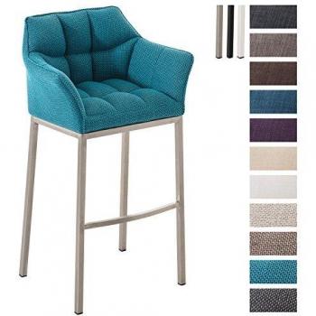 Taburete de Bar Damaso en Tela Turquesa con Base de 4 Patas de Acero Inoxidable y Respaldo