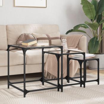 Mesas de centro apilables 3 pzas de acero con tapa de vidrio transparente y negro, mesita de salón o comedor o auxiliar, mesa de café meuble salón