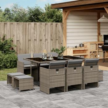11-Piece Gray Poly Rattan Garden Dining Set with Cushions