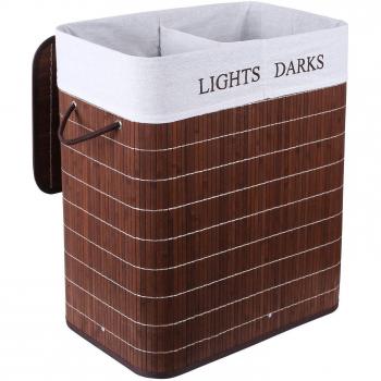 HOMFA Cesto para la Colada de Bambú Cesta para Ropa Pelegable Caja de Almacenaje 100L 54 x 33 x 59.5 cm con 2 Compartimientos