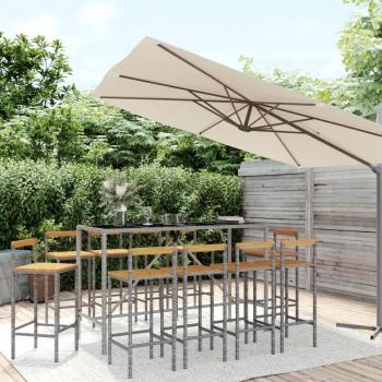 11 Piece Garden Bar Set Grey Poly Rattan & Solid Wood Acacia