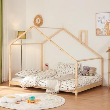 Cama Infantil Siuntio en Forma de Casa con Techo Inclinado de Madera de Pino 120x200 cm - Natural
