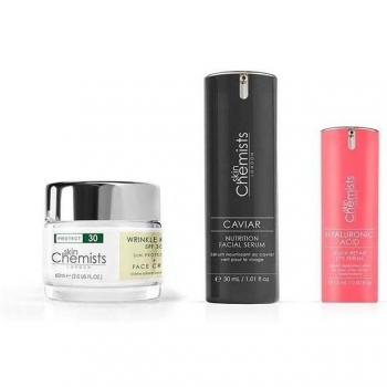 SKINCHEMISTS SC Hyaluronic Acid Aqua Repair Serum Contorno de Ojos + Caviar Nutrition Serum Facial + Crema de Día SPF 30