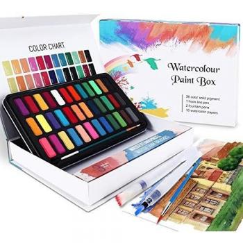 WOSTOO Set de Pintura de Acuarelas-50 Pzas Caja de Acuarelas Portátil Set de Pigmento Sólida-36 Colores,2 Cepillos de Depósito de Agua, 2 Pincel de Nylon y 10 Papel, Caja Acuarelas Profesionales