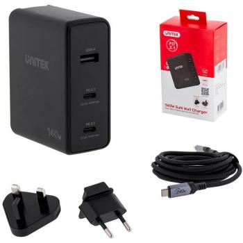 Cargador Unitek P1115A de pared GaN con 2 puertos USB-C y 1 puerto USB-A, potencia de salida de 140W