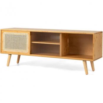 Mueble TV de Bambú Natural con 4 Compartimentos, 2 Puertas Correderas de Ratán y Patas de Madera Maciza para Televisores de hasta 55