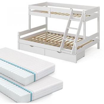 Litera Everest Vitalispa, Blanco, 140x200 / 90x200 cm con 2 colchones y 2 cajones