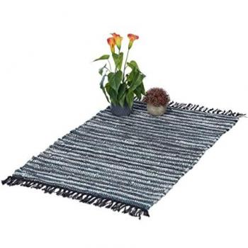 Alfombra de algodón y piel antideslizante, hecha a mano, 60x100 cm, con flecos negros, gris