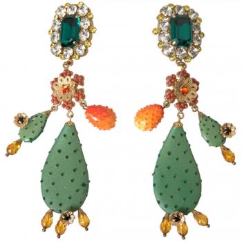 Green Cactus Crystal Clip-On Dangling Earrings