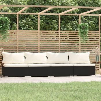 vidaXL 4-Seater Black Poly Rattan Sofa with Cushions