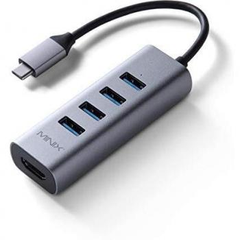 MINIX Neo C-UH Aluminio USB-C a 4 Puertos USB 3.0 y 4K a 30Hz Adaptador HDMI, Gris