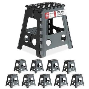Conjunto de 10 Taburetes Plegables XL con Escalón y Asa, Soportan hasta 120 kg, Plástico, 39,5 x 38,5 x 32 cm, Color Gris y Negro