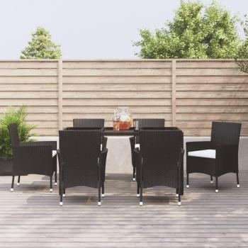 Set de almuerzo de jardín 7 piezas negro con almohadas de Polyrattan, incluye mesa y sillas, fabricado en ratán sintético negro, resistente a la intemperie, cojines acolchados para mayor confort