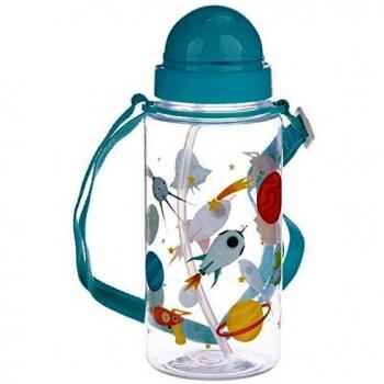 Botella infantil 'Espacio' 450 ml BPA libre con tapa abatible y pajita, translúcida y colorida